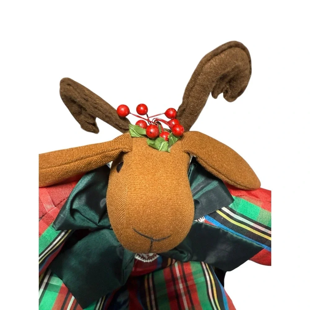 Vintage 90s Christmas‎ Reindeer Plush Stuffed Animal Tartan Plaid Sitter Nylon